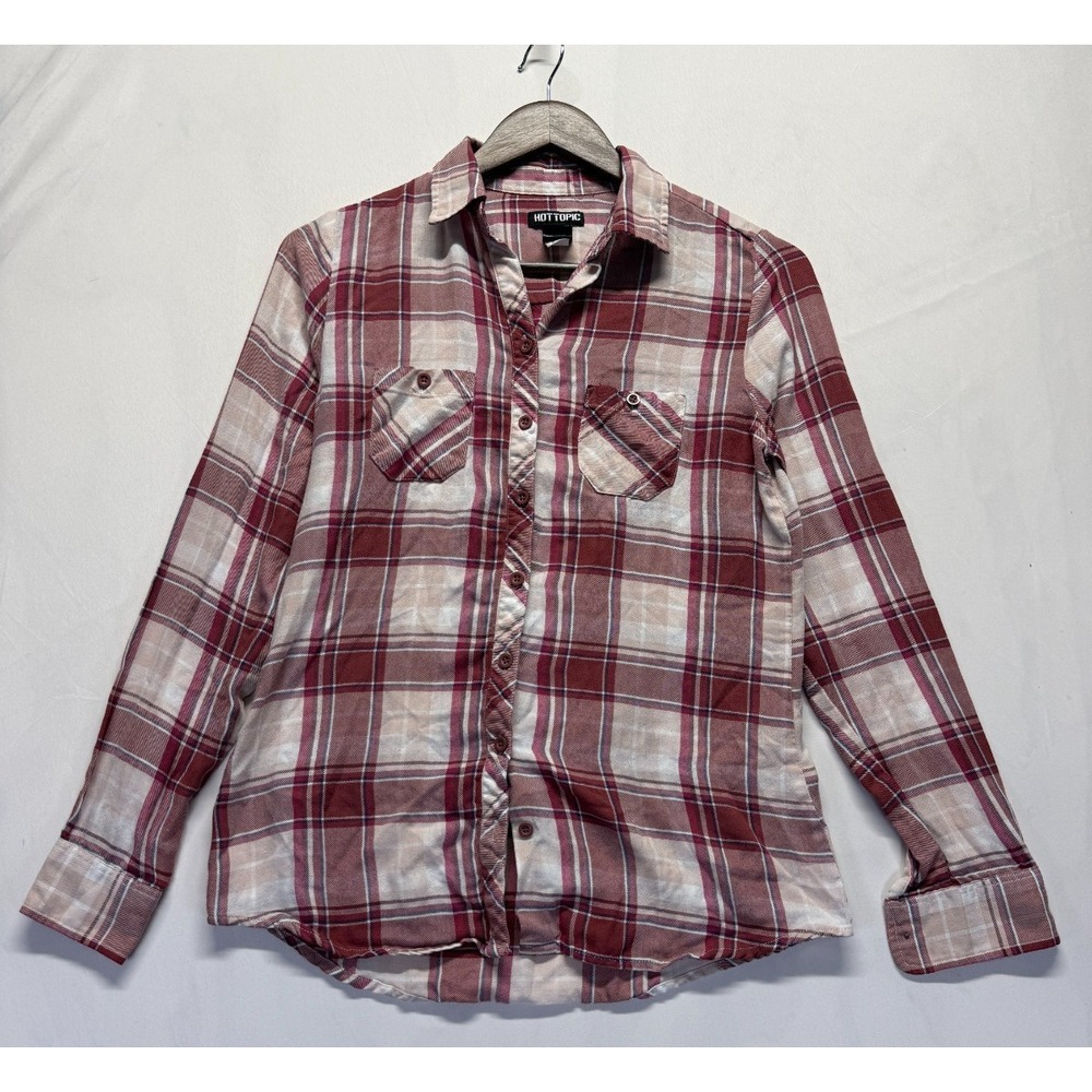 Hot Topic Flannel Shirt‎ Womens S Red Beige Plaid Cotton Graphic Print Button Up